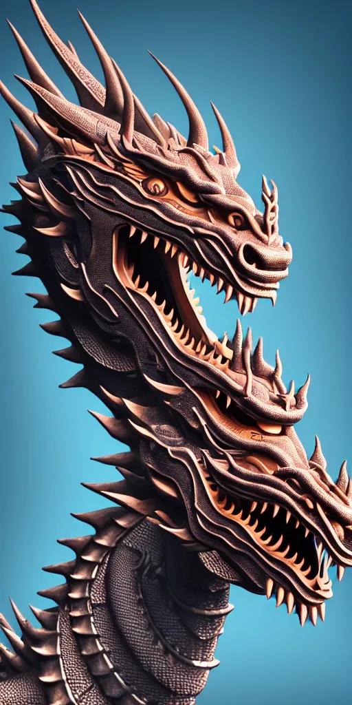 Image similar to a beautiful obverse portrait of a single huge chinese dragon, solid background, mechanical, metal, model design, fine texture structure, hyper detailed, perfect shadows, front view lens, atmospheric lighting, 3 d render, the style of pascal blanche and sparth juan zigor samaniego, paul pepera pablo roldan, denoise, alone, 4 k hd