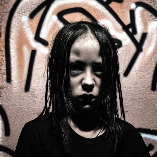 Prompt: focused portrait painting of a punk rock kid wearing Rick Owens clothing, Graffiti on wall in background, mood lighting, in the style of HRGiger, realistic, HD, 8K