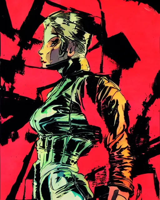 Image similar to young female protagonist in leather jacket, city street, artwork by frank miller