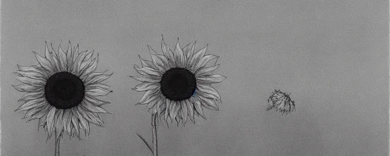 Image similar to a black and white sunflower, black minimalistic background, by Beksinski