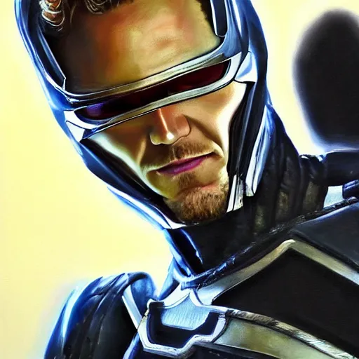 Image similar to realistic Portrait painting of Tom Hiddleston as Cyborg Power Ranger, made by Michaelangelo, physical painting, Sharp focus,digital art, bright colors,fine art, trending on Artstation, unreal engine.