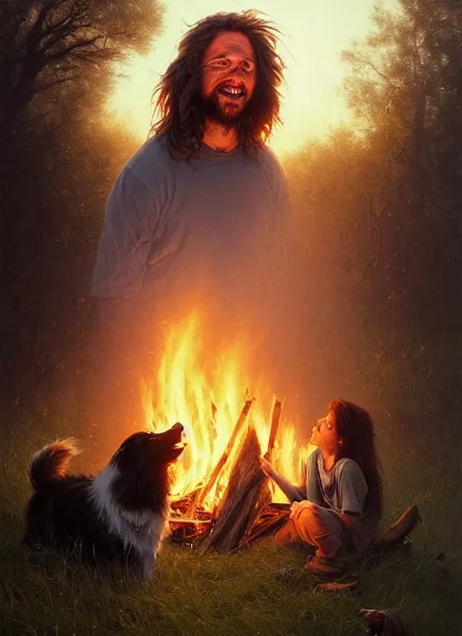 Image similar to highly detailed portrait of long - haired hillbilly around a bonfire with his fluffy australian shepherd, stephen bliss, art by greg rutkowski, loish, rhads, ferdinand knab, makoto shinkai and lois van baarle, artgerm, pixar, ilya kuvshinov, rossdraws, tom bagshaw, global illumination