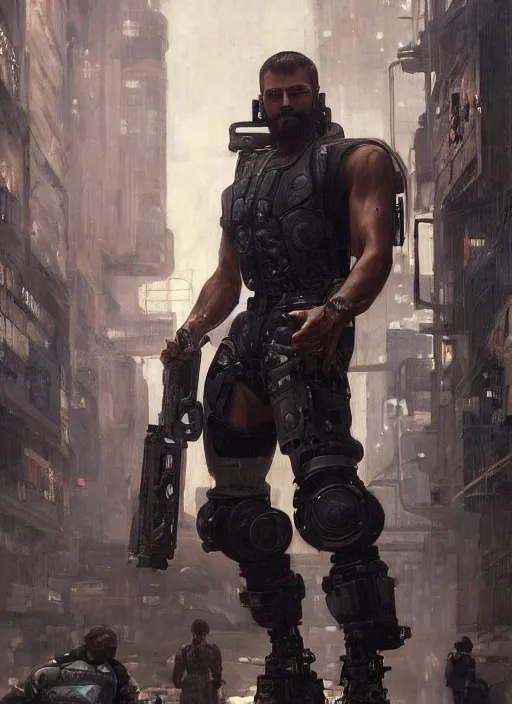 Image similar to weightlifter with super large robot arms. cyberpunk mercenary in a military vest ( blade runner 2 0 4 9, cyberpunk 2 0 7 7 ). orientalist portrait by john william waterhouse and james gurney and theodore ralli and nasreddine dinet, oil on canvas. cinematic, hyper realism, realistic proportions, dramatic lighting, high detail 4 k