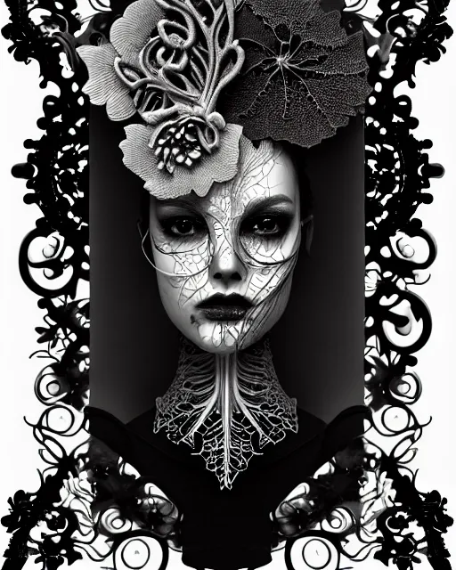 Prompt: monochrome profile portrait painting, dutch masters, silver lace floral steampunk biomechanical beautiful young female cyborg with one techno eye, volumetric light, leaves foliage and stems, hibiscus flowers, sinuous fine roots, fine foliage lace, alexander mcqueen, rim light, big gothic fashion pearl embroidered collar, 8 k