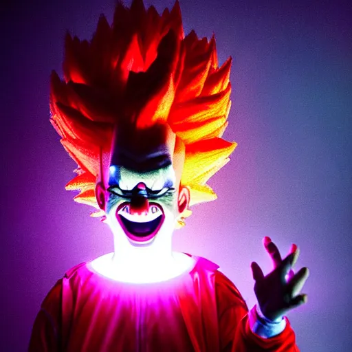 Prompt: uhd candid photo of cosmic krusty the clown as a super saiyan powering up, glowing, global illumination, studio lighting, radiant light, hyperdetailed, correct face, elaborate intricate costume. photo by annie leibowitz