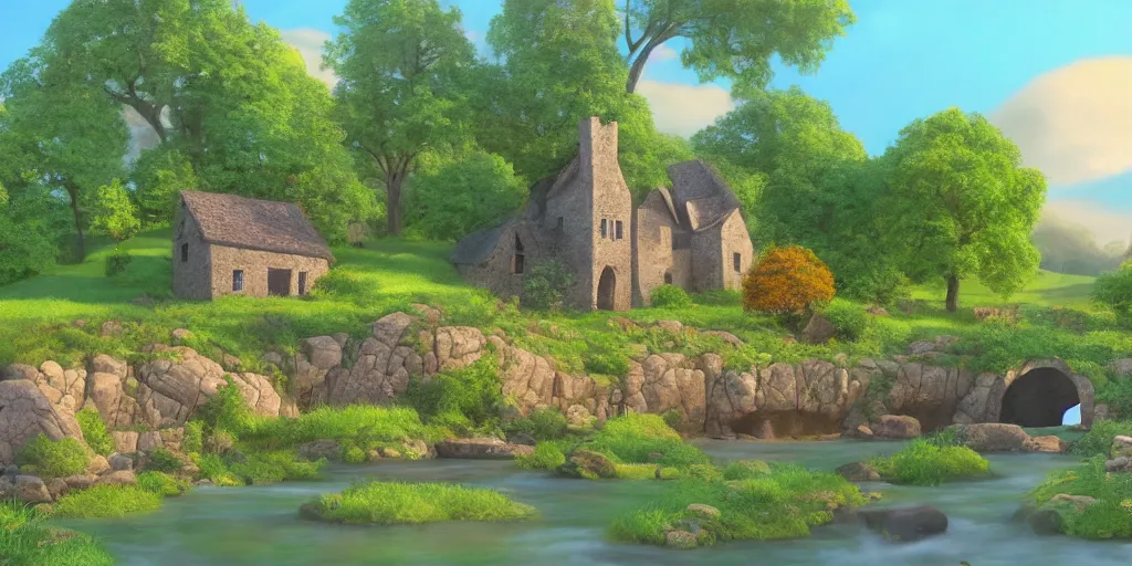 Prompt: a serene landscape with a small medieval stone house near a river in the style of Pixar, anime style, low saturation, high quality, highly detailed, 4k, complementary colours, cartoon