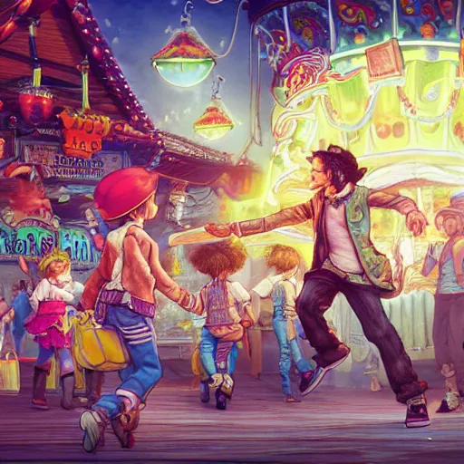 Image similar to a churro dancing away from a chubby kid that's trying to eat it at a carnival, an ultrafine hyperdetailed illustration by kim jung gi, irakli nadar, intricate linework, bright colors, octopath traveler, final fantasy, unreal engine 5 highly rendered, global illumination, radiant light, detailed and intricate environment