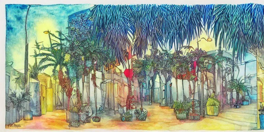 Prompt: pen drawing. watercolor. pixar, tel aviv street, bauhaus, palm trees, nostalgia for a fairytale, magic realism, flowerpunk, mysterious vivid colors by andy kehoe and amanda clarke