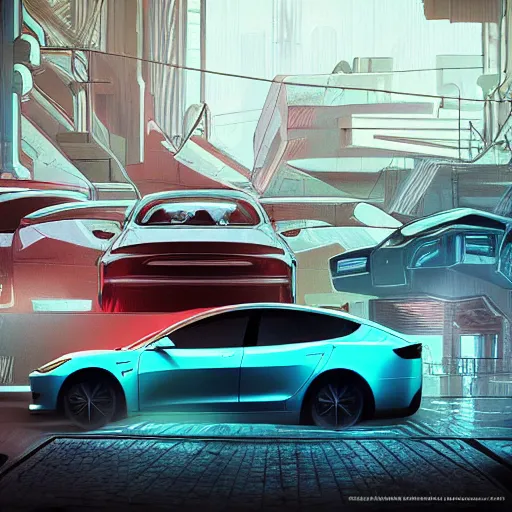 Prompt: cyberpunk synthwave a tesla model 3 in the soviet yard intricate elegant concept art smooth sharp focus futuristic cgsociety