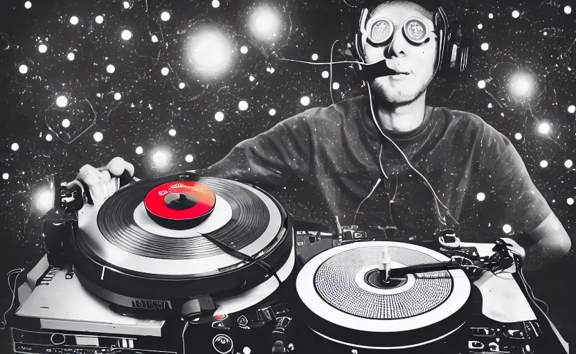 Image similar to a person wearing goggles and visor and headphones using a retro record player contraption, wires and tubes, turntablism dj scratching, intricate planetary gears, cinematic, imax, sharp focus, leds, bokeh, iridescent, black light, fog machine, hazy, lasers, hyper color digital art