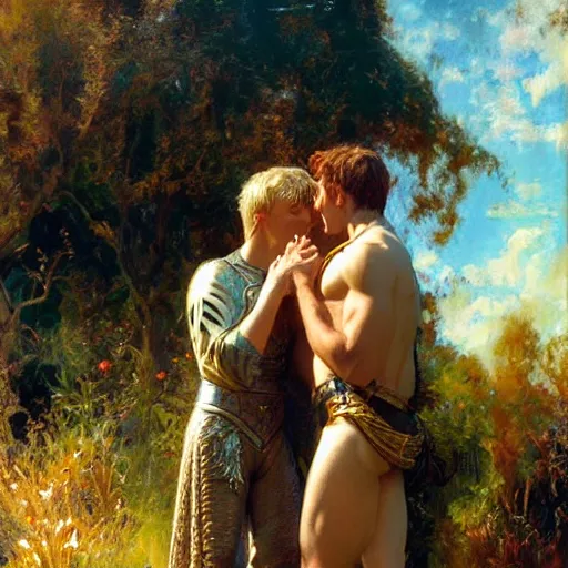 Image similar to attractive male arthur pendragon confesses his love to attractive male merlin. highly detailed painting by gaston bussiere, craig mullins, j. c. leyendecker 8 k