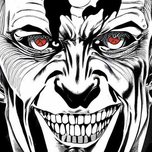 Prompt: The Joker portrait in the style of Junji Ito. Manga. Black and white. Gothic. Horror. Extremely detailed. 4K.