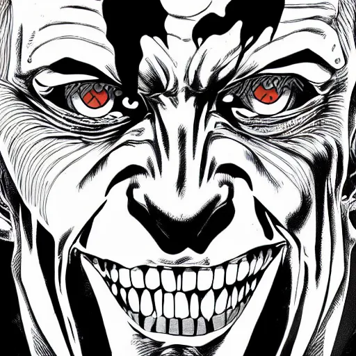 Image similar to The Joker portrait in the style of Junji Ito. Manga. Black and white. Gothic. Horror. Extremely detailed. 4K.