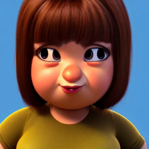 Image similar to A portrait of a chubby woman, a cute 3d cgi toon woman with brown hair in a Bob, brown eyes, olive skin, romanian heritage, medium shot, mid-shot, hyperdetailed, 8k, trending on artstation, as a Pixar character