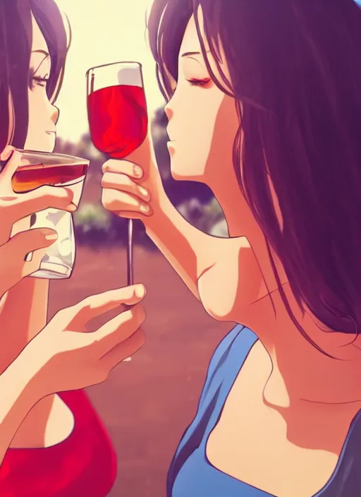 Image similar to two beautiful mothers drinking on a hot summer evening, summer clothes, gorgeous faces, thick lines, cinematic lighting, detailed anime art