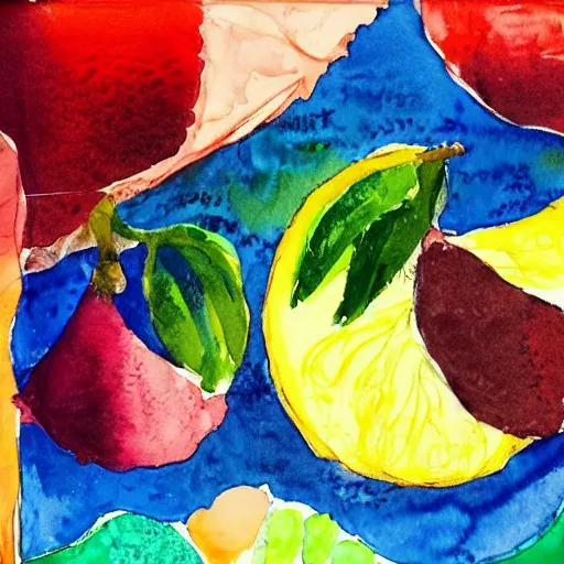 Prompt: watercolor and collage by eric carle, of a man day dreaming about fruit, peaceful mood