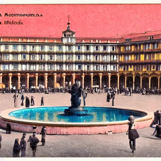 Image similar to coloured postcard of the fountain at la plaza mayor de madrid in 1 9 2 7 ; bromide real photo card with some additional hand - colouring