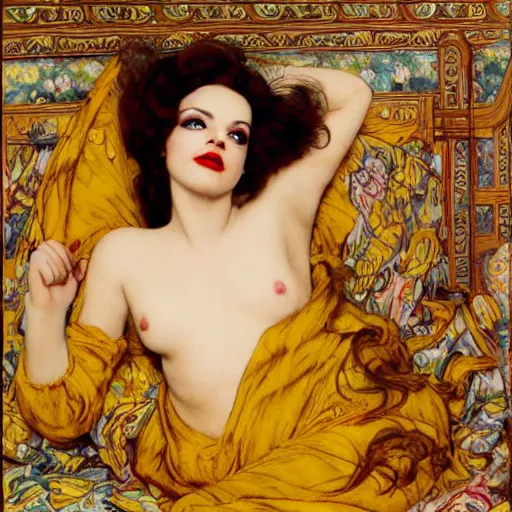 Image similar to reclining on bed, hybrid of judy garland and a hybrid of lady gaga and tom hanks, aged 2 5, brown fringe, large full lips, wide shot, yellow ochre ornate medieval dress, john william waterhouse, kilian eng, rosetti, john everett millais, william holman hunt, william morris, 4 k