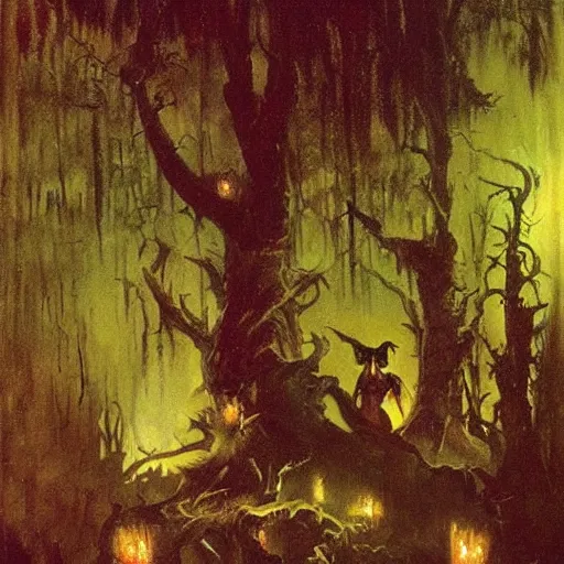 Prompt: enchanted forest at night, frank frazetta