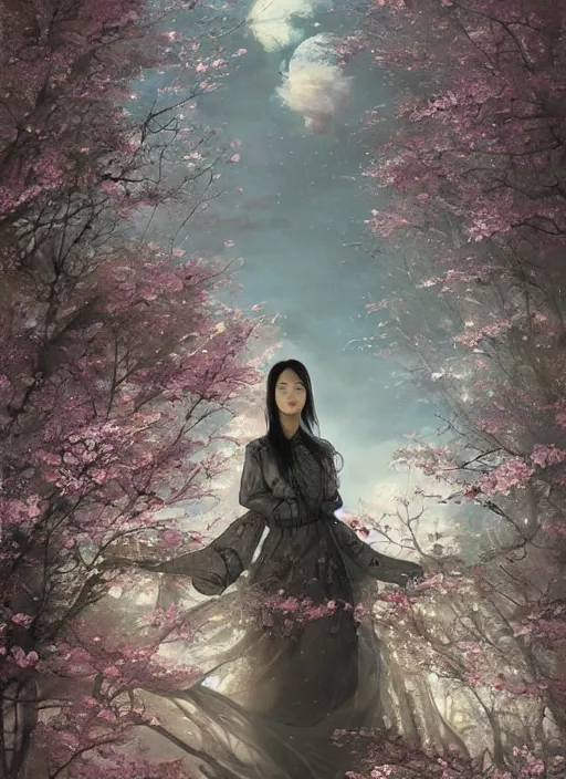 Image similar to Lee Jin-Eun by Andrew Ferez, rule of thirds, seductive look, beautiful, in intergalactic HQ with sakura trees