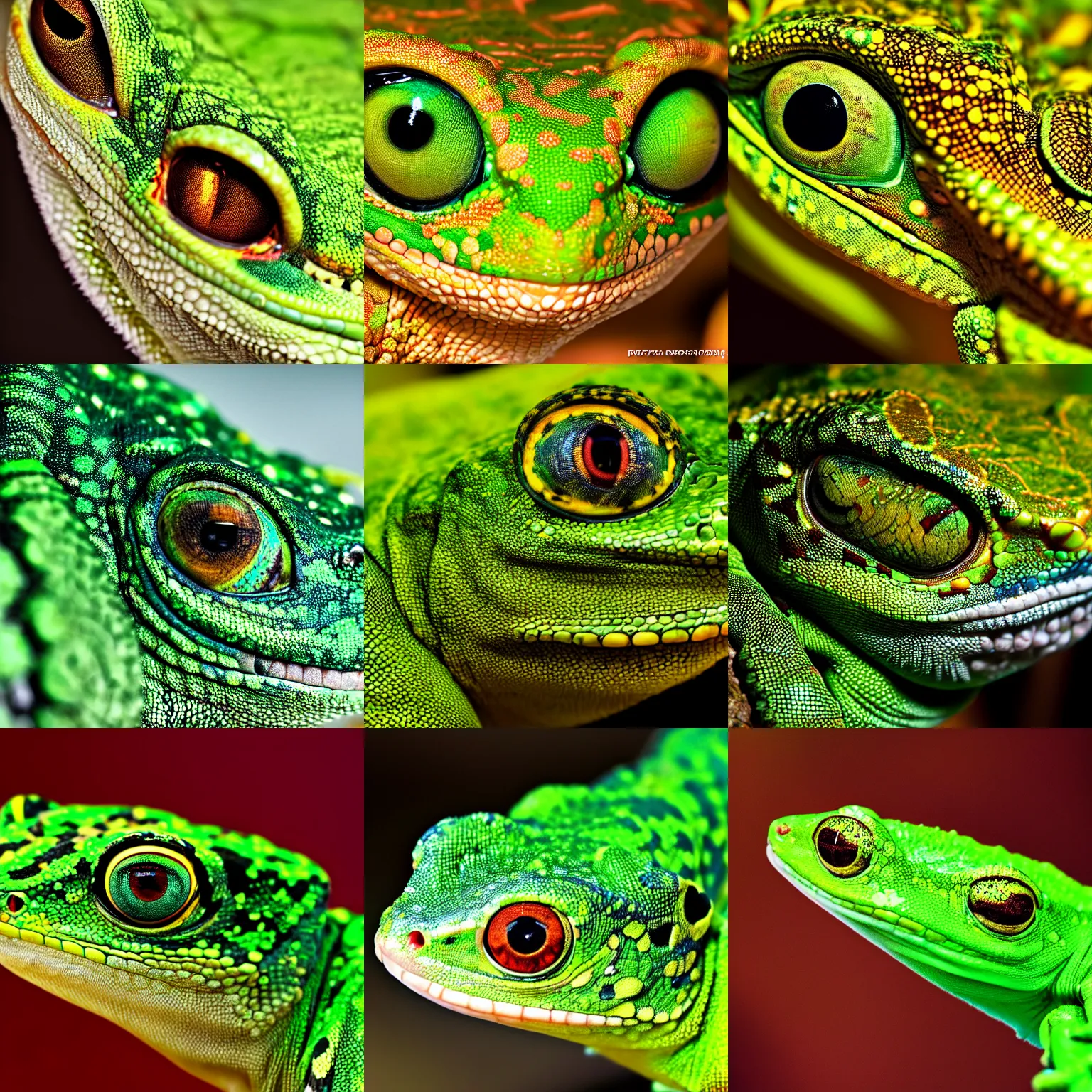 Prompt: close - up portrait of a beautiful green gecko with glowing intricate scales, very beautiful, award winning photography, 4 k