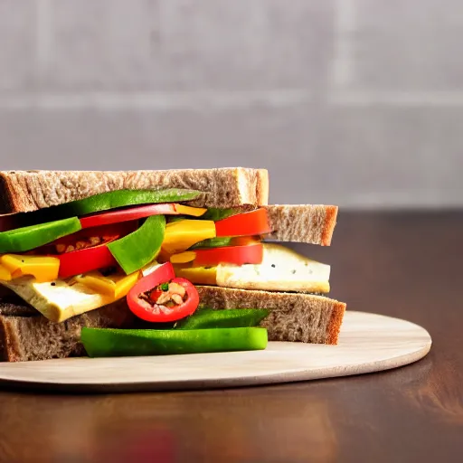 Prompt: sandwich of led lights with tofu, tomat, onion, jalapeno and cheddar, studio photo, amazing light