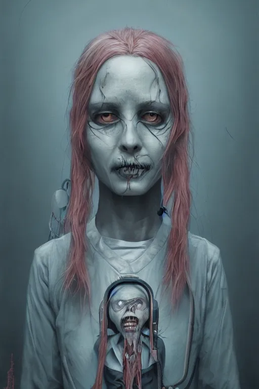 Image similar to cartoon grunge portrait of a creepy horror nurse girl . intricate abstract. intricate artwork. nightmare fuel. terrifying. by Tzdzisław Beksiński, wlop, dan mumford , trending on artstation, greg rutkowski very coherent symmetrical artwork. cinematic, hyper realism, high detail, octane render, 8k