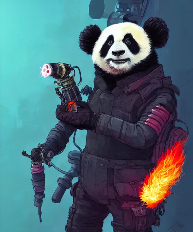 Image similar to a portrait of a cyberpunk panda holding a flamethrower, fantasy, elegant, digital painting, artstation, concept art, matte, sharp focus, illustration, art by josan gonzalez