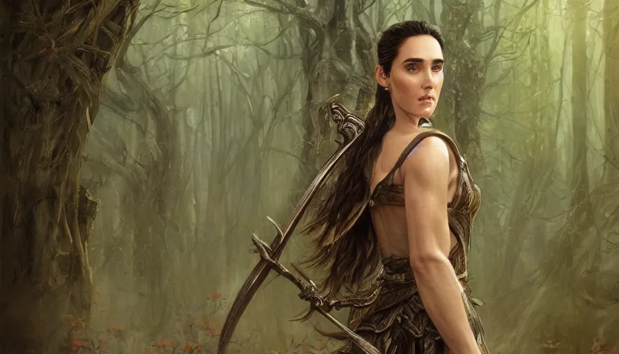 Image similar to A beautiful detailed painting of jennifer connelly as a female angel warrior in a magical forest by alphonse muchaand Kalin Popov , Trending on artstation HD.