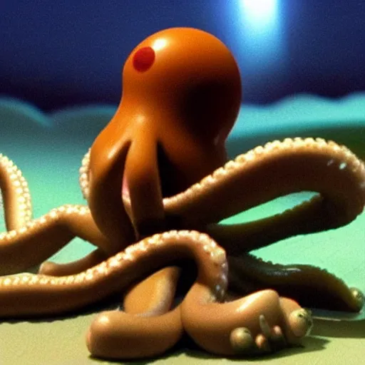 Image similar to claymation aardman animation of a octopus, beautiful ambient light