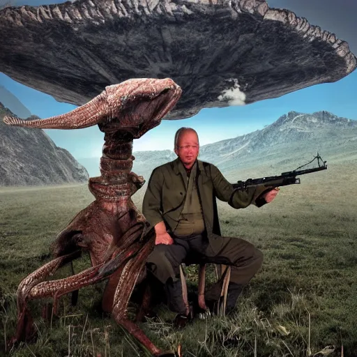 Image similar to colonial big game hunter sitting for a professional photo after shooting a large alien creature, matte painting, symmetrical, professional photo, wilderness behind