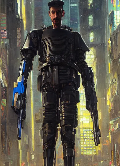 Image similar to Menacing Cyberpunk policeman towering with robotic stilt legs and militarized gear. (dystopian, police state, Cyberpunk 2077, bladerunner 2049). Iranian orientalist portrait by john william waterhouse and Edwin Longsden Long and Theodore Ralli and Nasreddine Dinet, oil on canvas. Cinematic, vivid colors, hyper realism, realistic proportions, dramatic lighting, high detail 4k