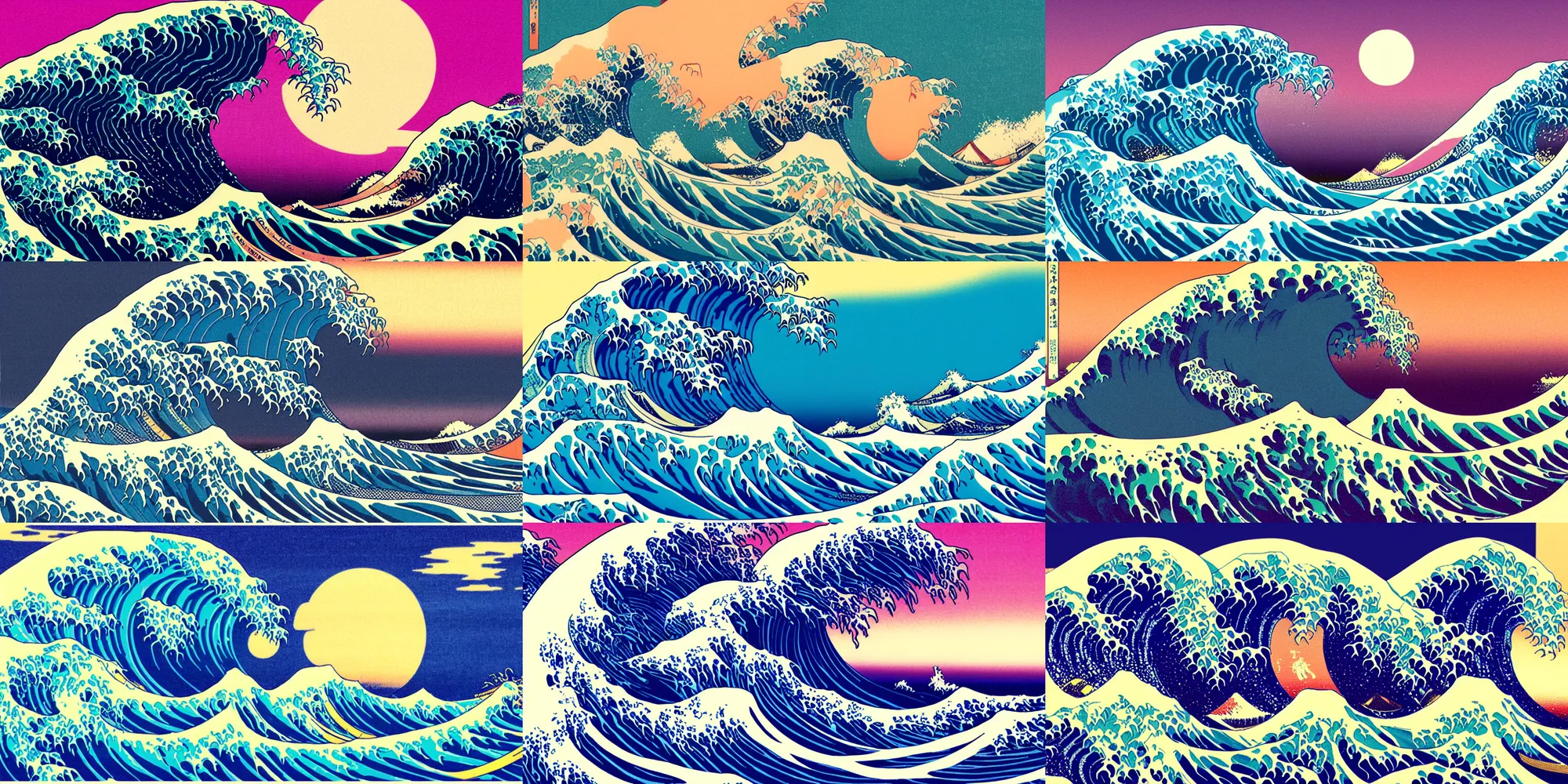 Prompt: vaporwave sunset, waves crashing in the sea, glitch art aesthetic, poster, by hokusai