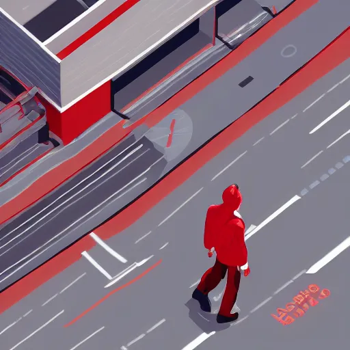 Prompt: man with a red jacket. walking towards a red futuristic racing motorbike on a wide road. isometric isometric view, wide angle, pencil drawing, photo realistic, hyper realistic, dramatic lighting, cyberpunk, ultra detailed, sharp focus, digital illustration, trending on artstation