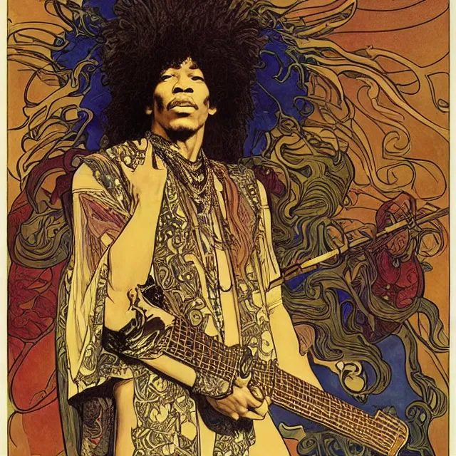 Prompt: artwork by Franklin Booth and Alphonse Mucha and Edmund Dulac showing a portrait of Jimi Hendrix as a futuristic space shaman, futuristic electric guitar