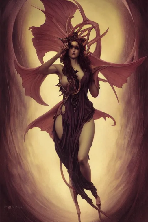 Image similar to Succubus by Tom Bagshaw in the style of Gaston Bussière, art nouveau