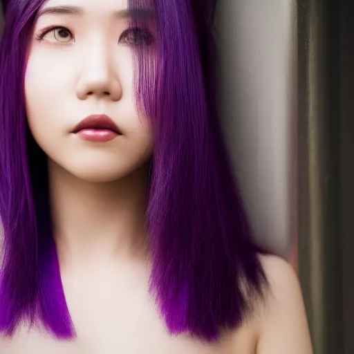 Image similar to Close up portrait of a young Asian Cyberpunk woman with dark purple hair, highly detailed, high quality, HD, 4K, 8K, Canon 300mm, professional photographer, 40mp, lifelike, top-rated, award winning, realistic, sharp, no blur, edited, corrected, trending