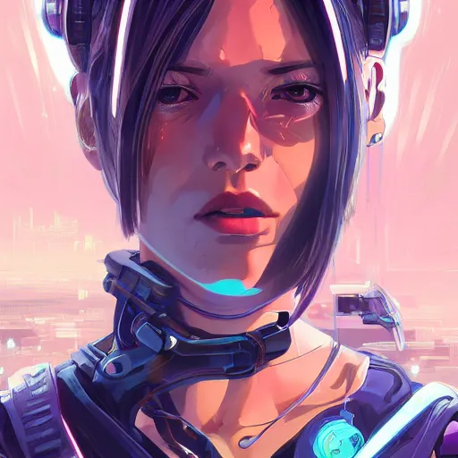 Image similar to A comic potrait of a cyberpunk cyborg girl with big and cute eyes, fine-face, realistic shaded perfect face, fine details. Night setting. Very anime style. Realistic shaded lighting poster by Ilya Kuvshinov katsuhiro, magali villeneuve, artgerm, Jeremy Lipkin and Michael Garmash, Rob Rey and Kentarõ Miura style, trending on art station