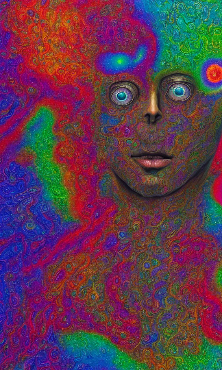 Image similar to hyperrealistic abstract close-up Renaissance psychedelic!! celestial happy! pure creature!! peaceful! kind spirit of nature! beautiful fractal!! eyes! highly detailed concept art eric zener elson peter cinematic hard rainbow lighting high angle hd 8k sharp shallow depth of field endless, inspired by Zdzisław Beksiński Salvador Dali