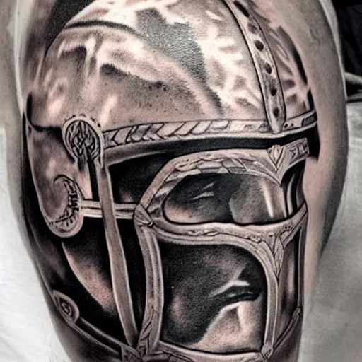 Image similar to close up of a gladiator's helmet, tattoo, tattoo art, Black and grey tattoo style