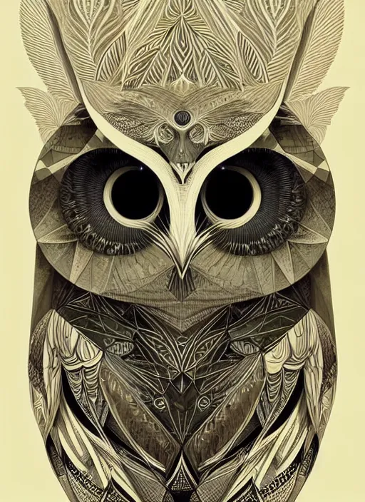 Image similar to portrait of a geometric owl, identical eyes, medium shot, illustration, full body made of white feathers, symmetrical, art stand, super detailed, cinematic lighting, and its detailed and intricate, gorgeous, by peter mohrbacher