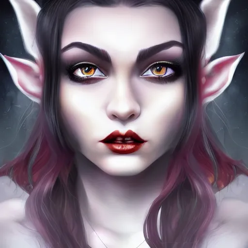 Prompt: Digital portrait of a beautiful half-elf half-vampire young woman. Half black half white hair. Red irises, vertical pupils. Award-winning digital art, trending on ArtStation