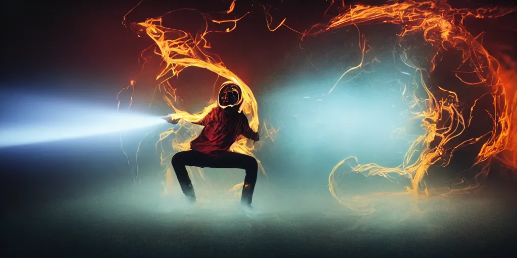 Image similar to VHS music video fisheye slow motion with lines of fire and smoke effect through a portal of futuristic break dancer wearing long dark cloak and golden helmet emitting fire and crystals, long exposure shot , enigmatic, at night half submerged by water, paddle of water, steam, fog, water splashes, rim lights, glossy reflections, water droplets on lens, octane render, Volumetric dynamic lighting, stunning cover magazine, high details, hajime sorayama