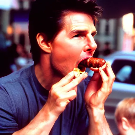 Prompt: photo of tom cruise eating a sausage, cinestill, 8 0 0 t, 3 5 mm, full - hd