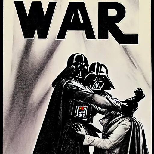 Image similar to a romance novel cover from 1 9 8 3, paperback, drawing, darth vader holding yoda on the cover, romantic