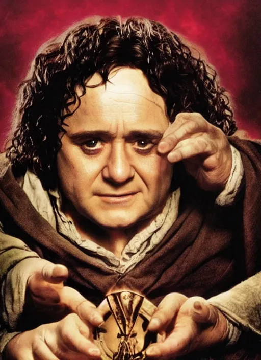 Image similar to the lord of the ring promo poster Frodo Baggins played by Danny DeVito with the one ring directed by peter jackson