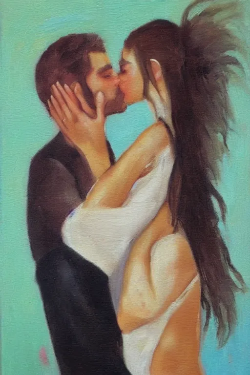 Image similar to man kisses girl beautiful harmony oil painting