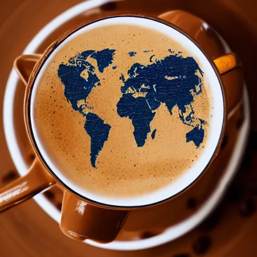 Prompt: Photo of the world map drawn in a cup of coffee, award-winning, golden hour, moody, epic, lightning, 85mm, camera, amazing, talent