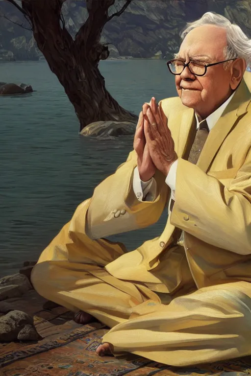 Image similar to warren buffet godly clothes meditating in the sun, yellow lighting ultra realistic photorealistic highly detailed high quality, a stunningly, digital painting, artstation, concept art, smooth, sharp focus, illustration, art by artgerm and greg rutkowski and alphonse mucha 8 k