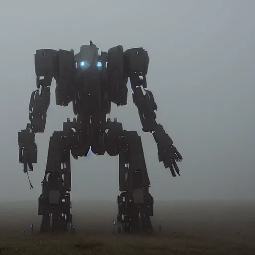 Prompt: gigantic mecha walking, dense fog,, sunset, jakob rozalski